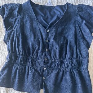 Time and Tru Navy Eyelet Ruffle Sleeve Blouse